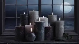 Seaside Candles at Night Ambience (4K) | ocean sounds, foghorns, crackling candles