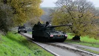 2 Dutch Pzh 2000 self propelled howitsers on the move during Exercise Celtic Thunder 2022.