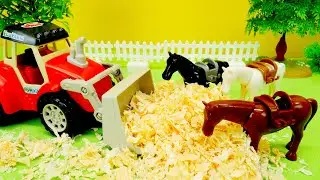 Vid&eacute;o &eacute;ducative en fran&ccedil;ais pour enfants. Les tracteurs font le p&acirc;turage pour les chevaux.