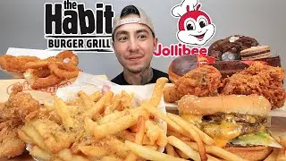 ASMR EATING THE HABIT CHEESEBURGER, GARLIC PARM FRIES & ONION RINGS, JOLLIBEE CRISPY FRIED CHICKEN