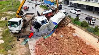 4K Project!! Turck 5 Ton overturned on the road and Double crane use his power recovery successfully