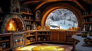 Winter Cabin Kitchen Ambience - Cozy Fireplace Hearth, Soothing Kitchen Sounds - Snowfall, Warm Home