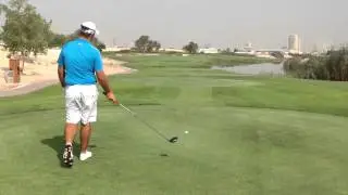 Where did Gavin Sutherland's drive land at Al Badia Golf Club Dubai?