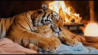 Cat & Tiger Sleeping Peacefully by the Fireplace | ASMR Cozy sleep | Realistic Warm Ambience
