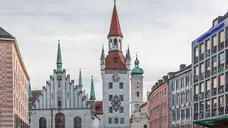 Marienplatz with the old Munich town hall and the Talburg Gate timelapse, Bavaria, Germany.