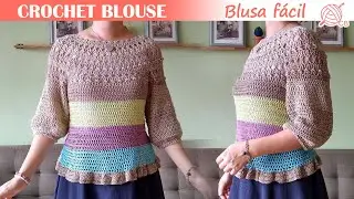 [ENG Sub] Easy Crochet Sweater - Top down Yoke Blouse - Blusa Fácil manga globo - Katia Rainbow