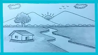 nature scenery drawing with pencil / easy mountain scenery drawing / drawing