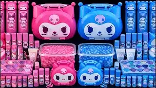 ASMR Clear Slime Mixing 💙💗 | Blue & Pink Eyeshadow + Glitter Charms (So Satisfying)