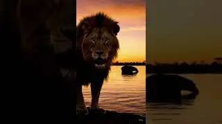 The Hungry Lion at Sunset: Predator&rsquo;s Gaze on a Hippo Family #safari #wildlife #africa #hippo #lion