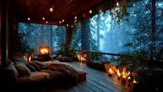 Uplifting Jazz in the Pines ❄️ Warm Cabin Porch Fireplace Winter Ambience 4