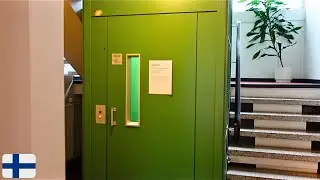 2x Colorful 1977 KONE traction elevators at Puolikuu flats, Olari, Espoo FIN