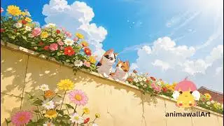 Animated Background, Sunlit Cats on Flower Wall, Adorable Kittens Sitting on Vibrant Floral, Stream