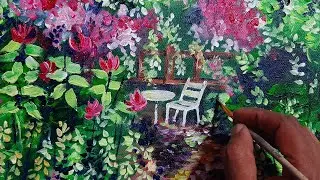How to paint a garden scenery/Easy garden scenery painting/Acrylic landscape painting for beginners
