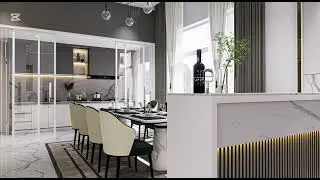 Luxury interior design, 3D render, living room, kitchen, master room
