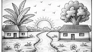 Easy Scenery Drawing For Beginners Step by Step  |  Village Scenery Drawing For Kids