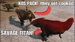 Unstoppable tyrannotitan Vs KOS pack! (2 rex, conc, achi, raptors) |Path of titans Official PvP