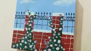 Easy red brick flowers painting on mini canvas,painting for beginners