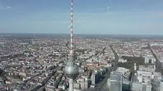 AERIAL: Wide View of Empty Berlin, Germany Alexanderplatz TV Tower with No People or Cars on