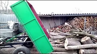 Мотоблок в работе с ПРИЦЕПОМ САМОСВАЛОМ. Перевозка дров. Самосвальный прицеп в работе.