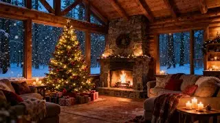 Рождественская лесная хижина 🎄 Уютный камин и спокойный праздничный джаз с падающим снегом 🔥