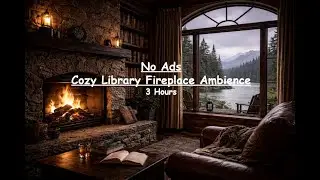 No Ads | Cozy Library Fireplace Ambience 🔥📚 Lake & Forest View | 3 Hours | Crackling Fire Sounds