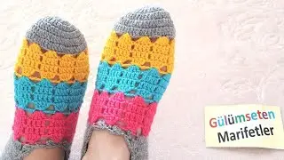 Çeyizlik Gökkuşağı şeker desenli patik modeli yapılışı / Tığ işi bayan patik modeli