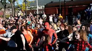 Zombie flash mob, and Spiderman, dance to Thriller at Zombietown USA festival in Altoona