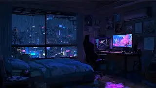 Sleep Music & Relaxing City Ambience | Rainy Night Gamer Room 🌙