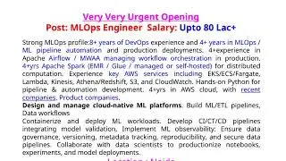 Urgent Job: MLOps Engineer  Salary: upto 80LacEmail you resume: brajesh@delbangindia.com