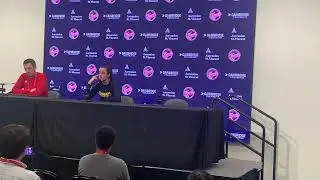 Indiana Fever guard Caitlin Clark speaks to media, warms up with teammates before playing Mystics