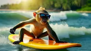 Cute Gibbon surfer enjoys a fun filled summer day