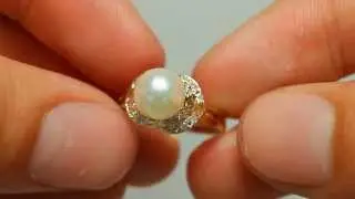 Twinkling White natural Pearl & Diamond Engagement Ring 14k