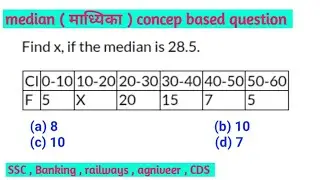 Find x, if the median is 28.5.CI 0-10 10-20 20-30 30-40 40-50 50-60 F 5 X 20 15 7 5 #median #Mean