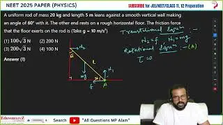 A uniform rod of mass 20 kg and length 5 m leans against a smooth vertical wall making an angle of 6