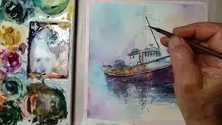 Watercolor painting features an old, worn-out fisherboat.
