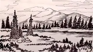 How To Draw a Beautiful Landscape Scenery With Brush Pen./ Ripon's Art