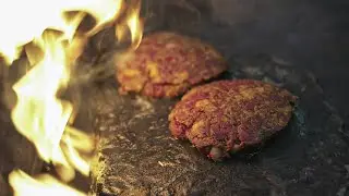 Juicy Cheese-Stuffed Burger on Hot Stone | ASMR Outdoor Cooking by the River