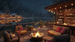 Smooth Jazz Background Music & Fireplace Sounds ⛄ Cozy Winter Lakeside Cafe Ambience to Relax