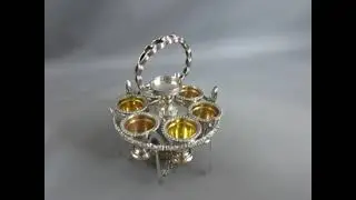 Silver Plated Spinning 6 Ringed Crescent Egg Cruet Stand Antique Victorian c1880 ( APP13104 )