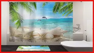 HIYOO Bathroom Ocean Beach Shower Curtain Sets,Tropical Seashore Dolphin Seashell Shower Curtains