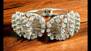 JULIANA Art Deco Rhinestone Bracelet Clamper, Clear Stones, Silver Plate, Verified, Vintage