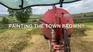 Slurry spreading. Cow down with milk fever.