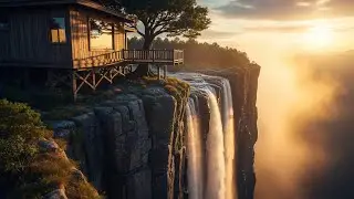 Handmade Cliffside Tree House Above a Roaring Waterfall