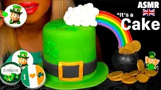 ASMR EATING CAKE ST PATRICK'S DAY THEME, EDIBLE RAINBOW GREEN HAT, POT OF GOLD COINS, OREO MUKBANG머