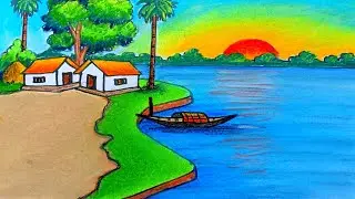 riverside village scenery drawing || beautiful sunrise drawing today for beginners