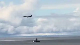 Jet Soars Over a Clouded Alaska Mount Spurr Volcano as it Nears Point Woronzof to Land #dalejay8901
