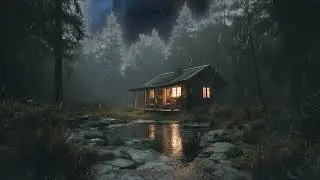Damp Forest Ambience With Cozy Cabin Light And Wide Sky Horizon For Relaxation And Meditation