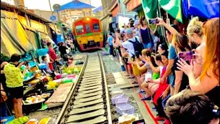 'Mae Klong' Railway Market - 1 Minute Full Story︱Watch Train Run Through Market, Thailand.