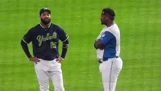 【ファイターズ】レイエスと楽しそうに会話してハグをするオスナとサンタナ【ヤクルト】2025.3.22エスコン