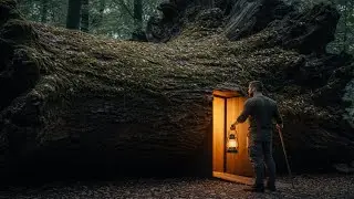 Epic Tree Log Modern Shelter Reveal | Solo Build Inside an Ancient Fallen Tree (ASMR)